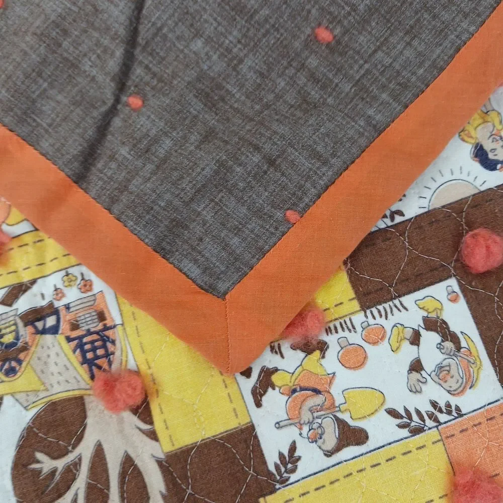 Vtg  Handmade Baby Quilt Flannel Disney Snow White Dwarfs MCM Tied